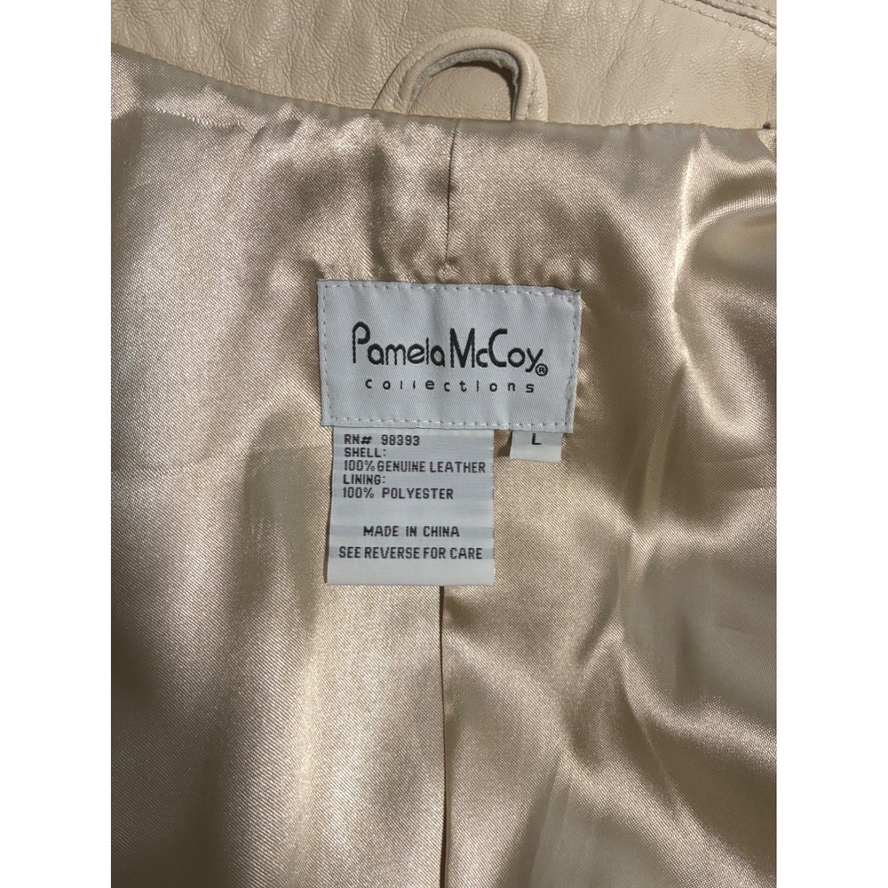 Pamela McCoy Cream Beige Genuine Leather Blazer Jacket Size L 3 Button Lined - Picture 4 of 14